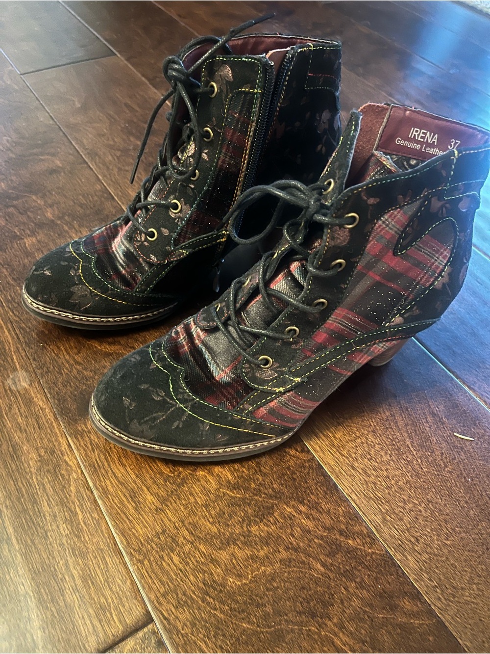 Irena Women's Black & Red Plaid Lace-Up Wedge Booties